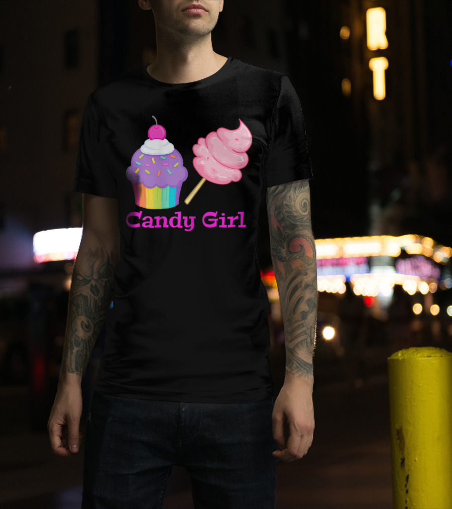 Candy Girl Cupcake And Cotton Candy Rainbow Sprinkles Cherry Top And Pink Swirl T-Shirt