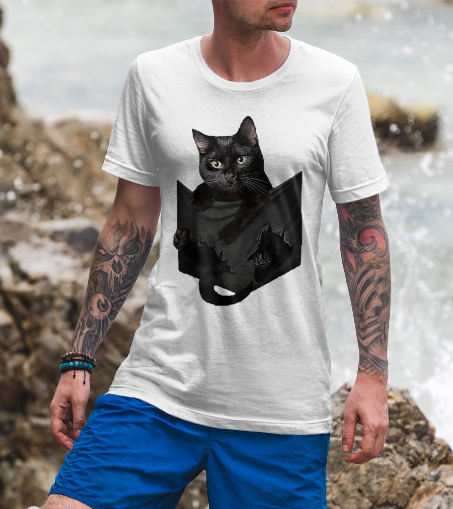 Cat In Pocket Black Cat Inside Pocket Bac Playful T-Shirt
