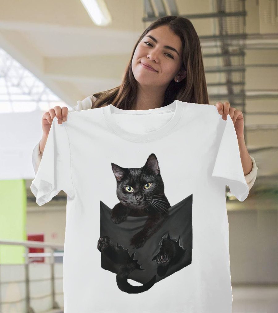 Cat In Pocket Black Cat Inside Pocket Bac Playful T-Shirt