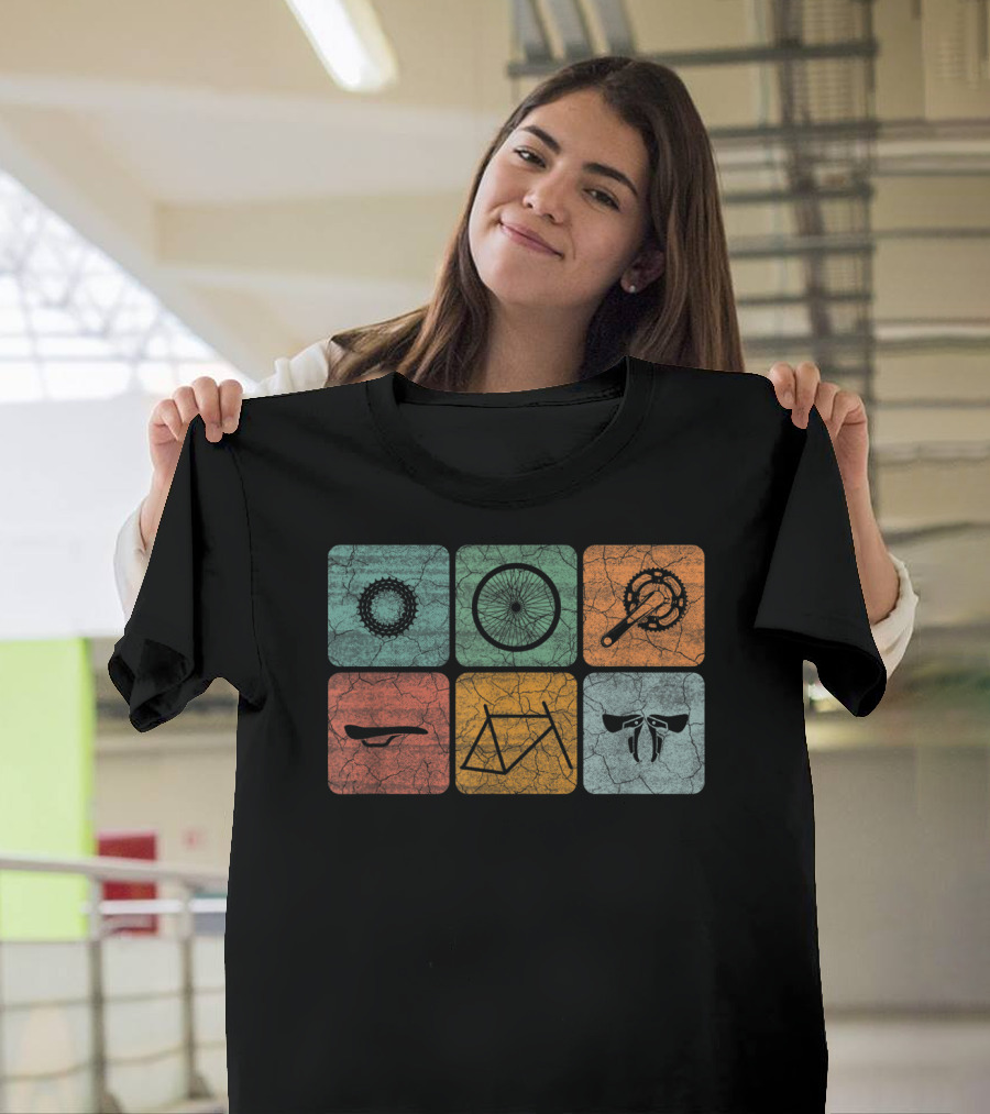 Cycling Classic Bicycle Parts Vintage Style Gear Frame Wheel Chainring Saddle Handlebars T-Shirt