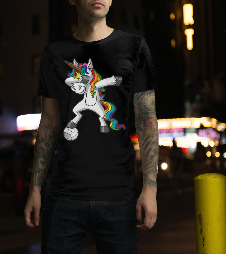 Dabbing Unicorn With Volleyball And Rainbow Mane T-Shirt