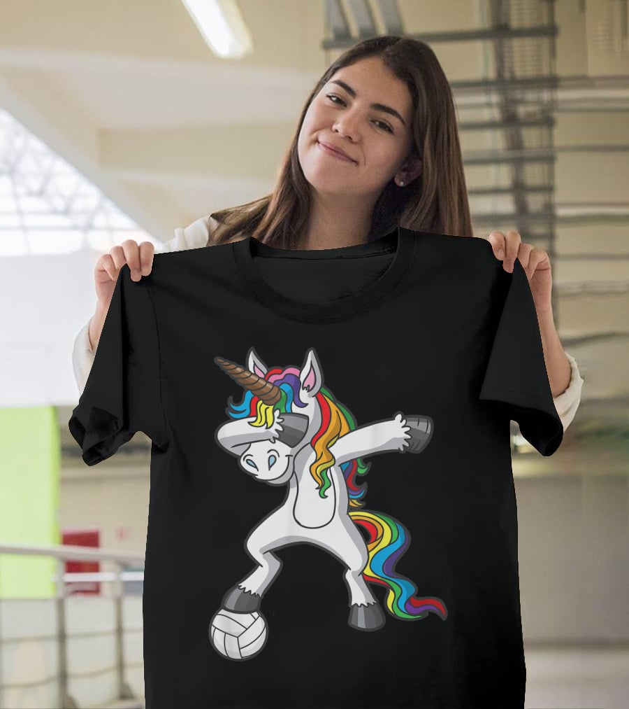 Dabbing Unicorn With Volleyball And Rainbow Mane T-Shirt