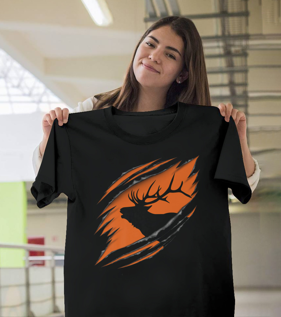 Elk Hunting Silhouette with Tear Marks on Orange T-Shirt