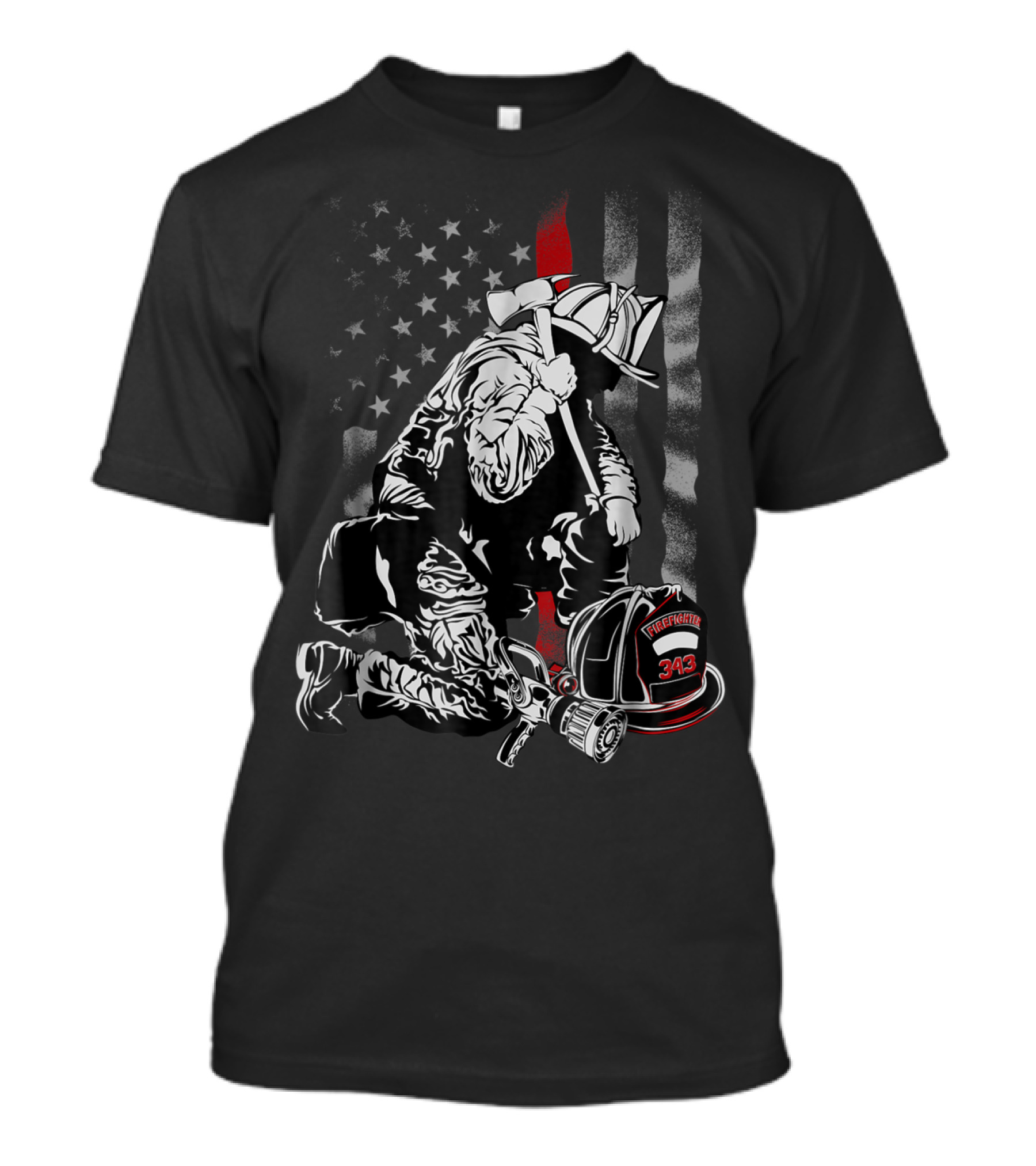Firefighter Kneeling With Vintage USA Flag And Fire Helmet 343 T-Shirt