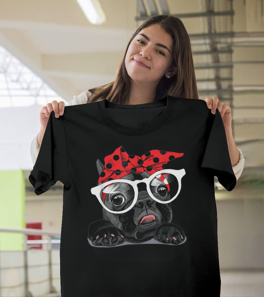 French Bulldog with Red Polka Dot Headband and White Glasses T-Shirt