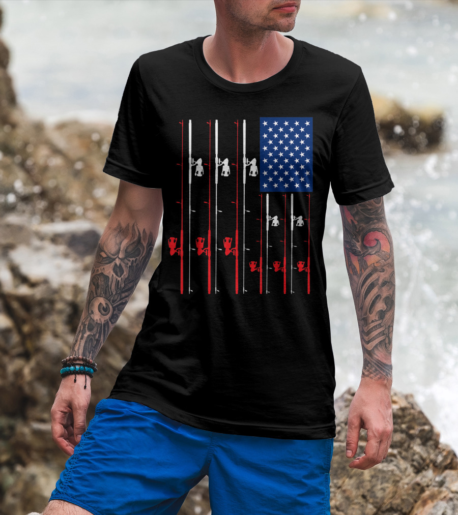 Fishing Rod US Flag Cute Fish Hunting American Patriotic Iconic T-Shirt