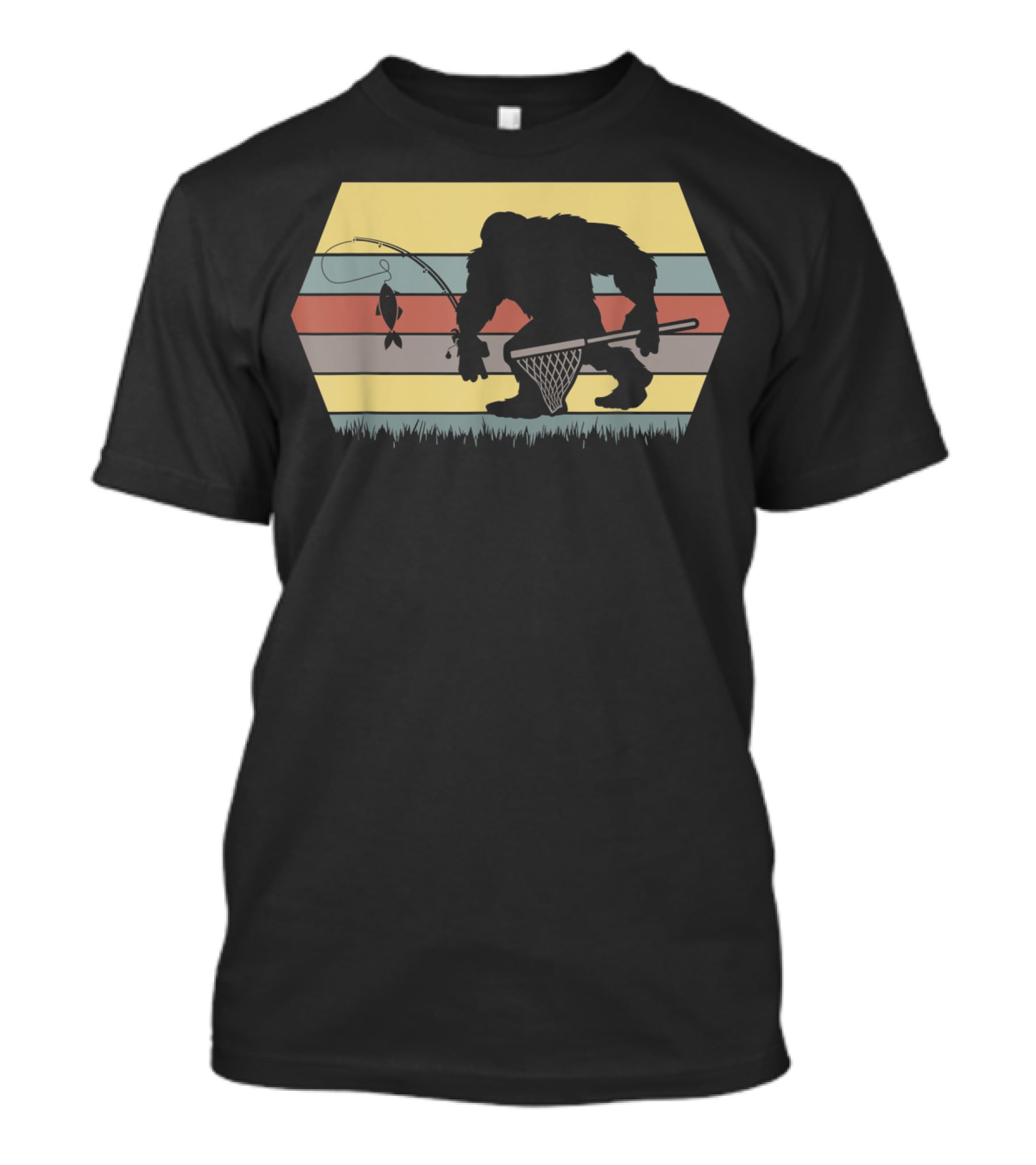 Funny Big Foot Fishing Silhouette Retro Stripes T-Shirt