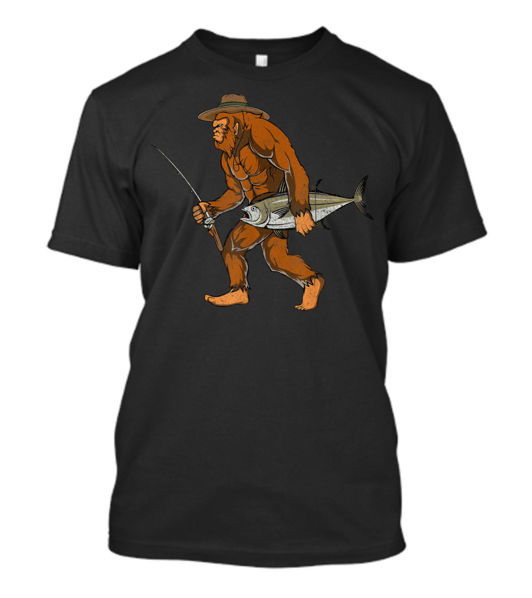 Bigfoot Bass Fisherman Catching Fish With Fishing Rod T-Shirt