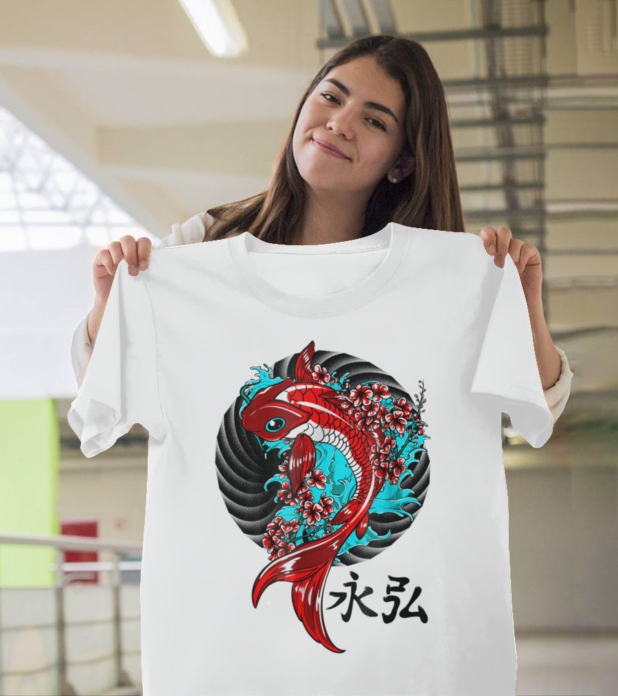 Koi Fish Floral With Japanese Characters T-Shirt