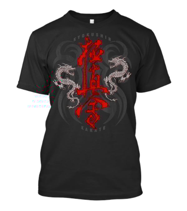 Kyokushin Karate Dragons And Kanji With Dual White Eastern Dragons T-Shirt