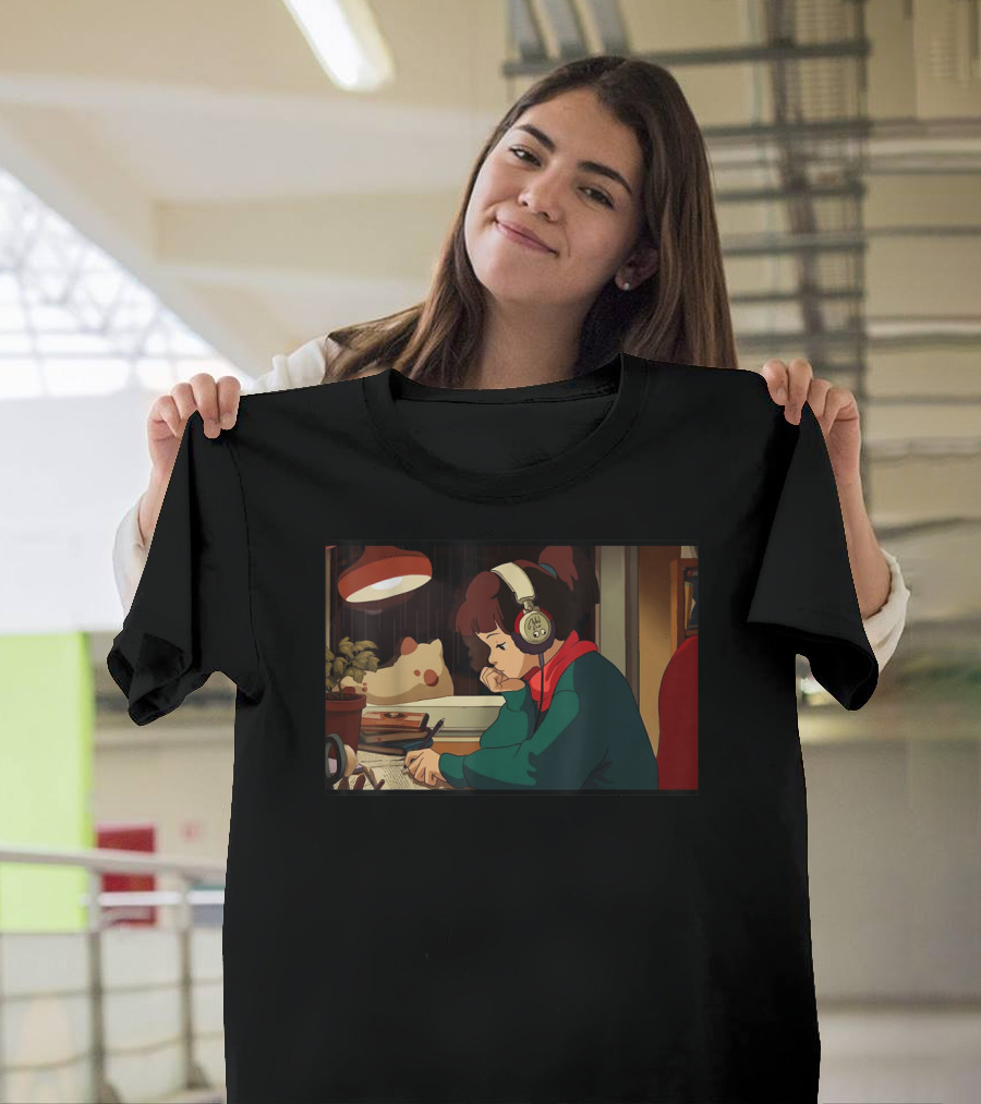 Lofi Hip Hop Chill Hop Relaxing Jazz Hop Beats Girl with Headphones Studying at Desk T-Shirt