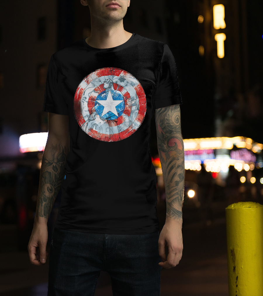 Captain America Marvel Shield With Heroic Comic Collage T-Shirt