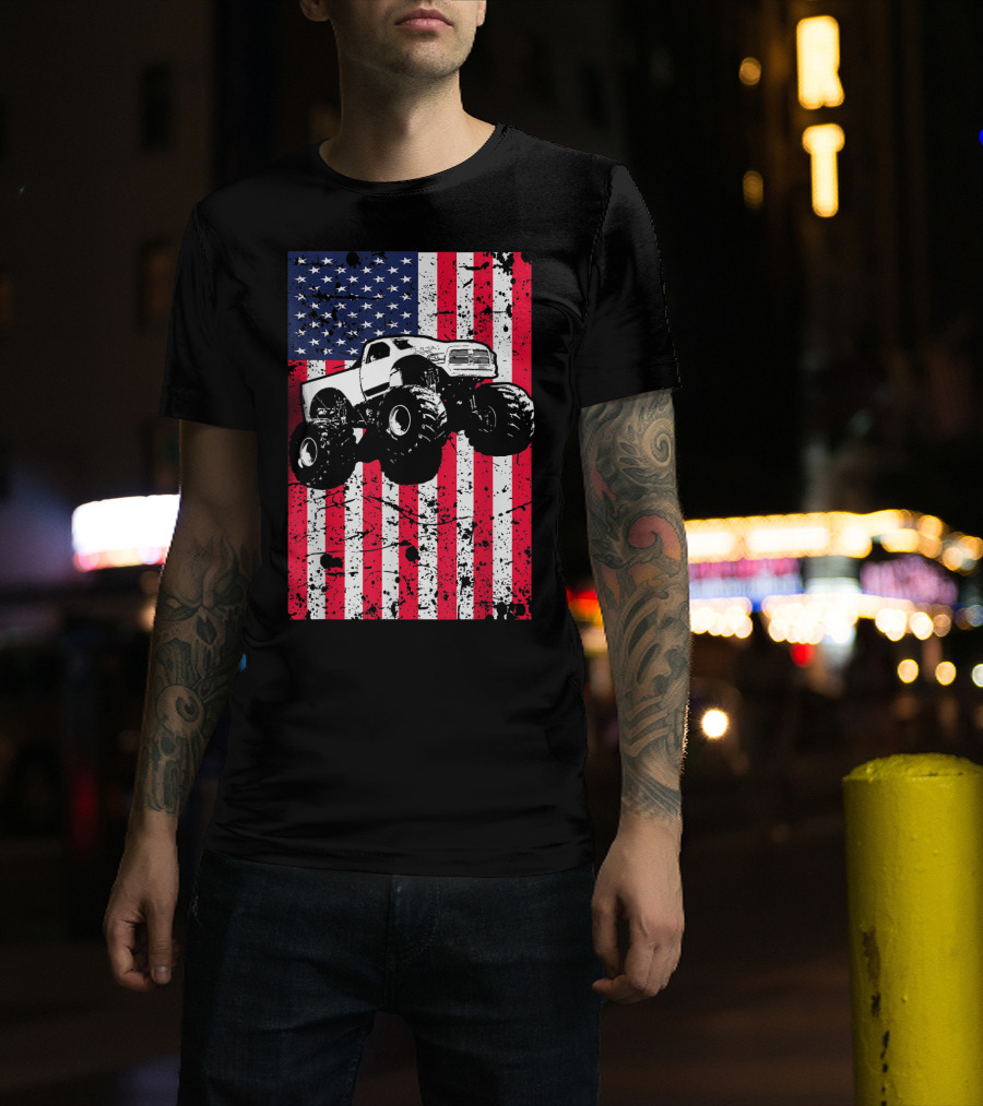 Monster Truck American Flag USA Patriotic Racing T-Shirt