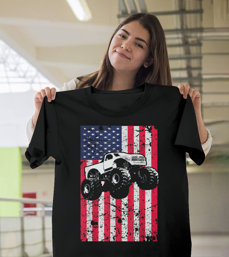 Monster Truck American Flag USA Patriotic Racing T-Shirt