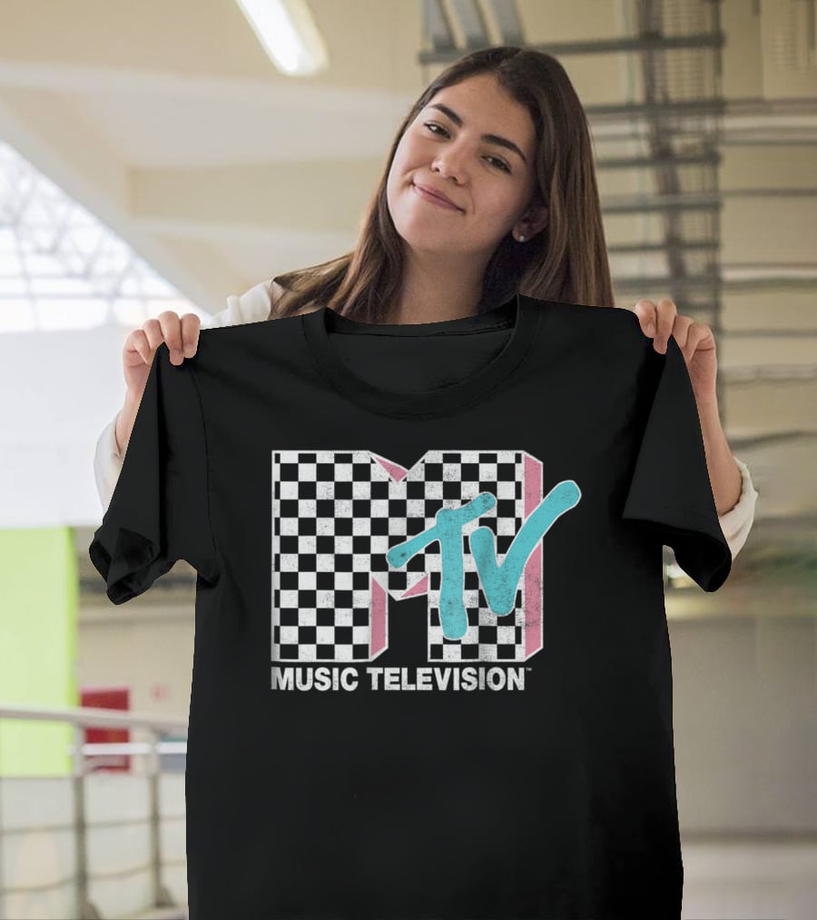 MTV Music Television Neon Distressed Checkered T-Shirt