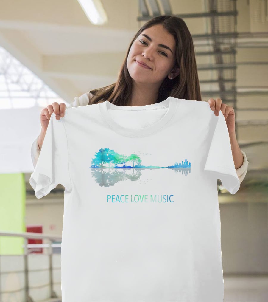 Peace Love Music Guitar Lake Shadow Tree Reflection T-Shirt