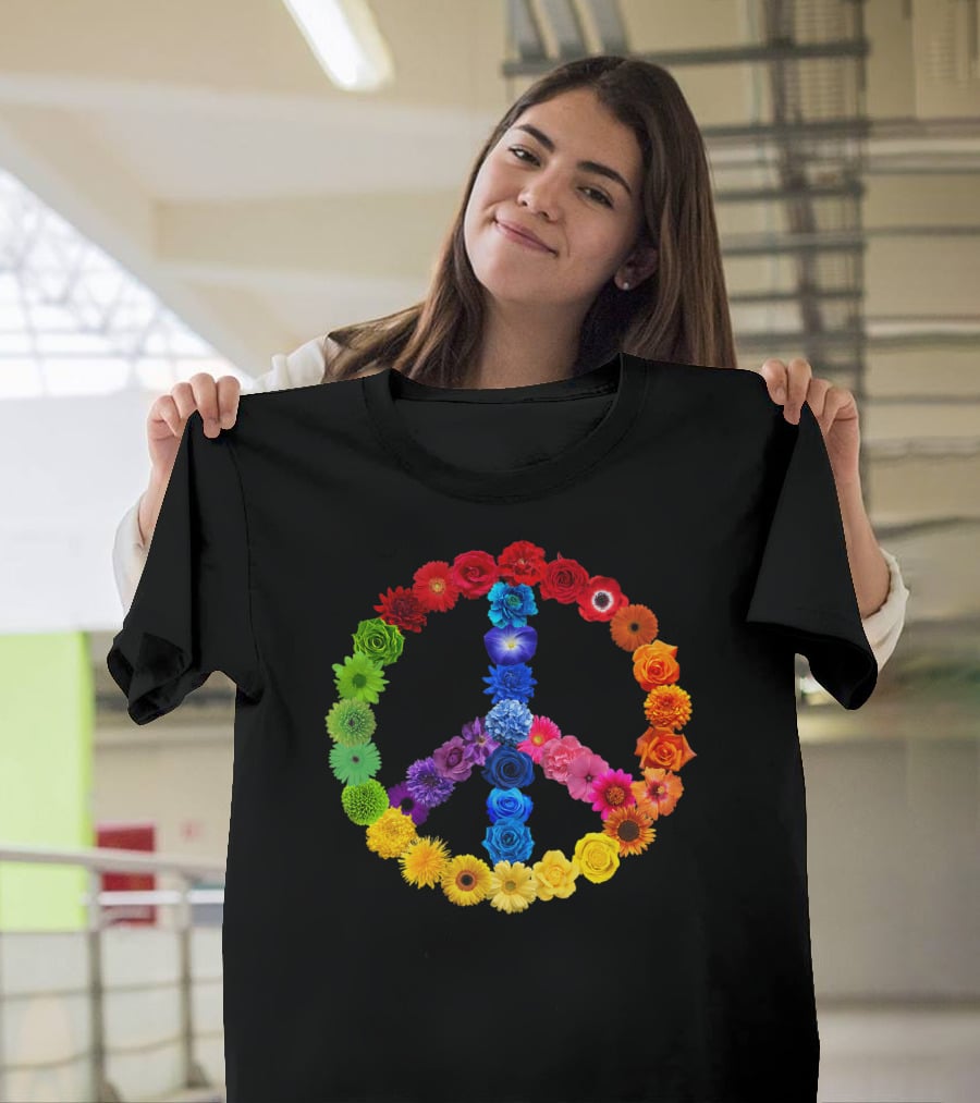 Rainbow Peace Sign Floral Love 70s 60s Retro Vibe T-Shirt