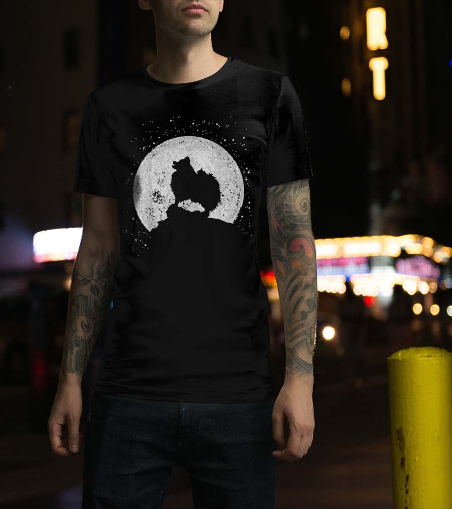 Pomeranian Howling Silhouette Against Full Moon Night Scene T-Shirt