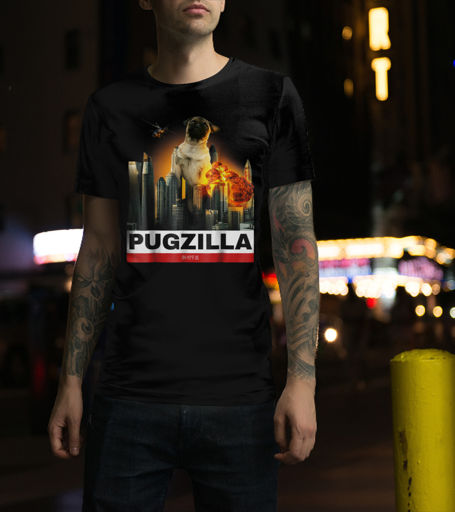 Pugzilla Helicopter Explosion City Skyline Cute Pug T-Shirt
