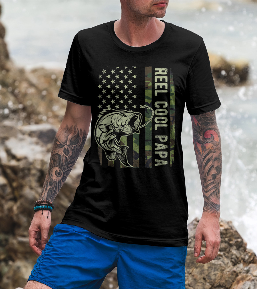 Reel Cool Papa Camouflage American Flag Fathers Fishing T-Shirt