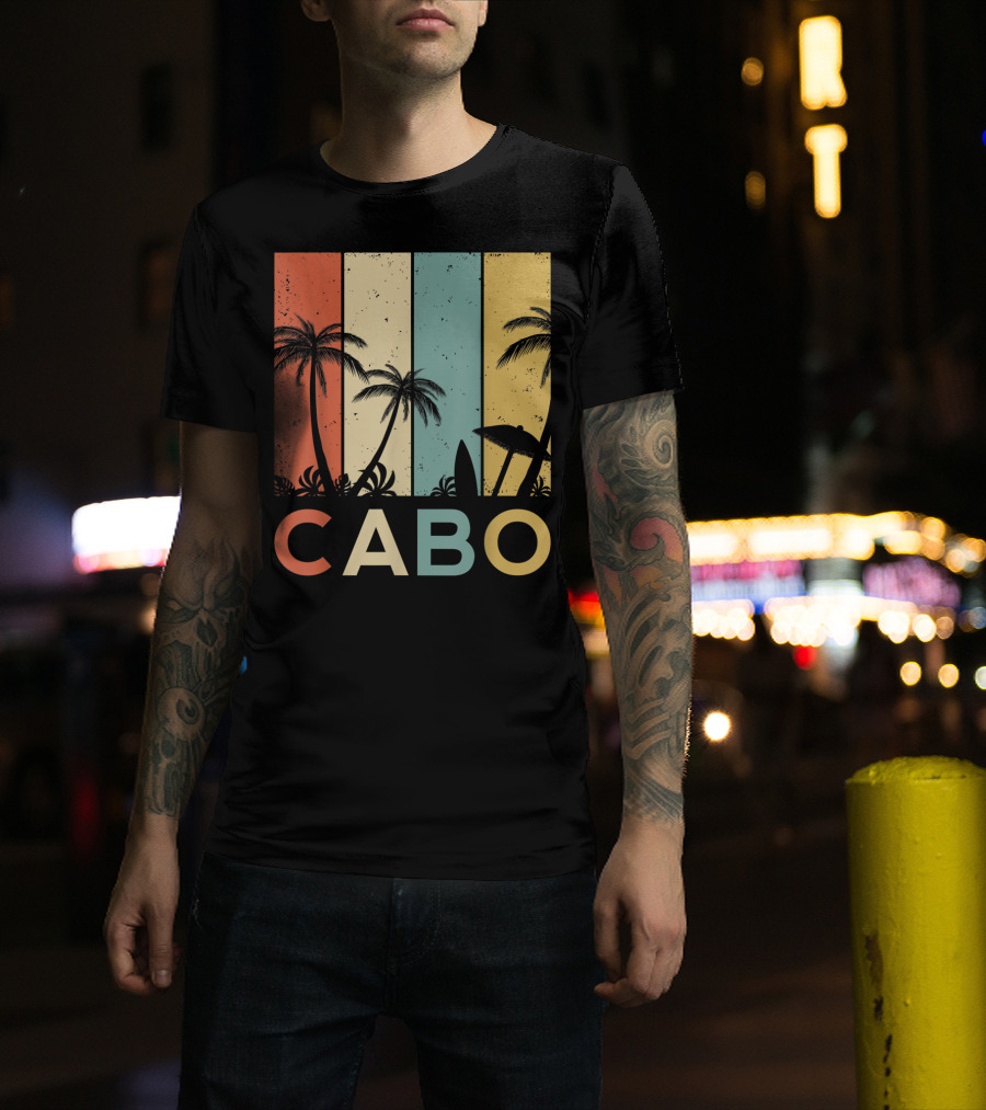 Retro Cabo San Lucas Mexico Tropical Palm Sunset Surfboard T-Shirt