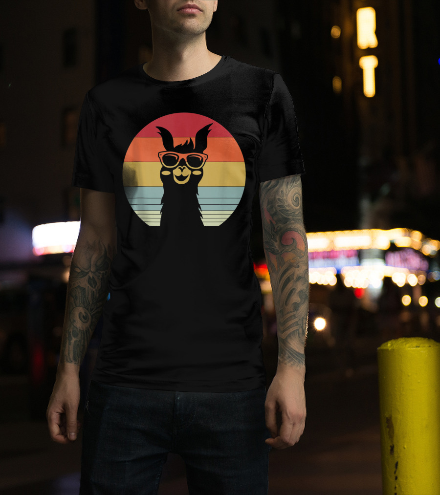 Retro Vintage Best Llama Dad Ever Father's Day Sunset Stripes T-Shirt