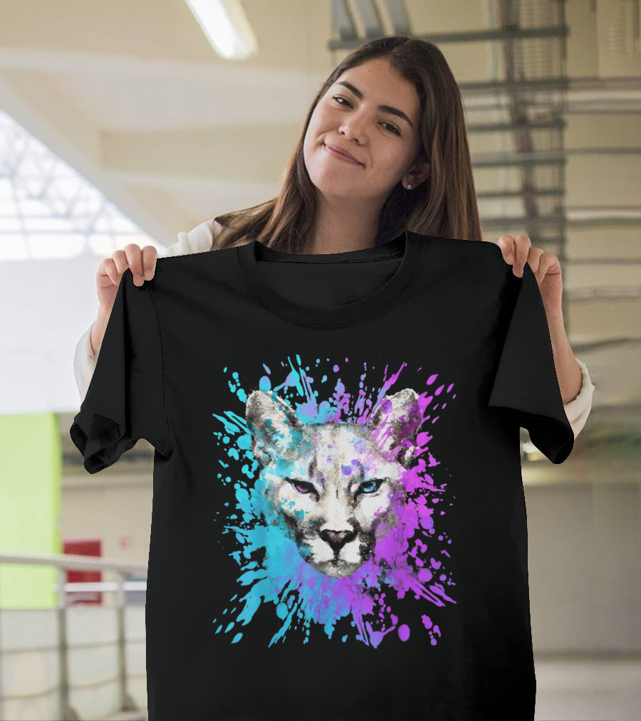 Watercolour Cougar Mountain Lion Artsy Splatter T-Shirt