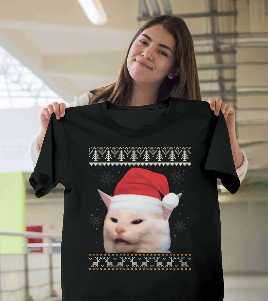 Confused Cat with Red Santa Hat and Christmas T-Shirt