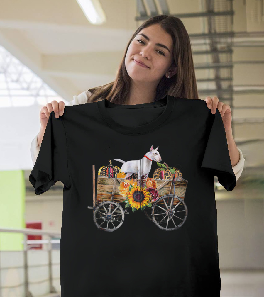 Bull Terrier Sunflower And Pumpkin Wagon In Country T-Shirt