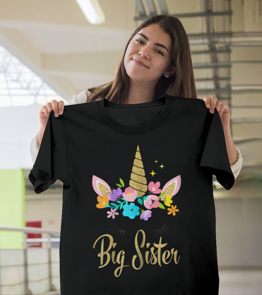 Big Sister Unicorn Floral Horn and Ears T-Shirt
