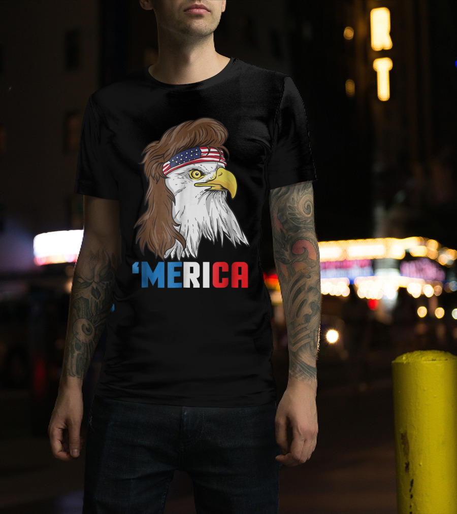 'Merica Patriotic Mullet Eagle With American Flag Headband T-Shirt