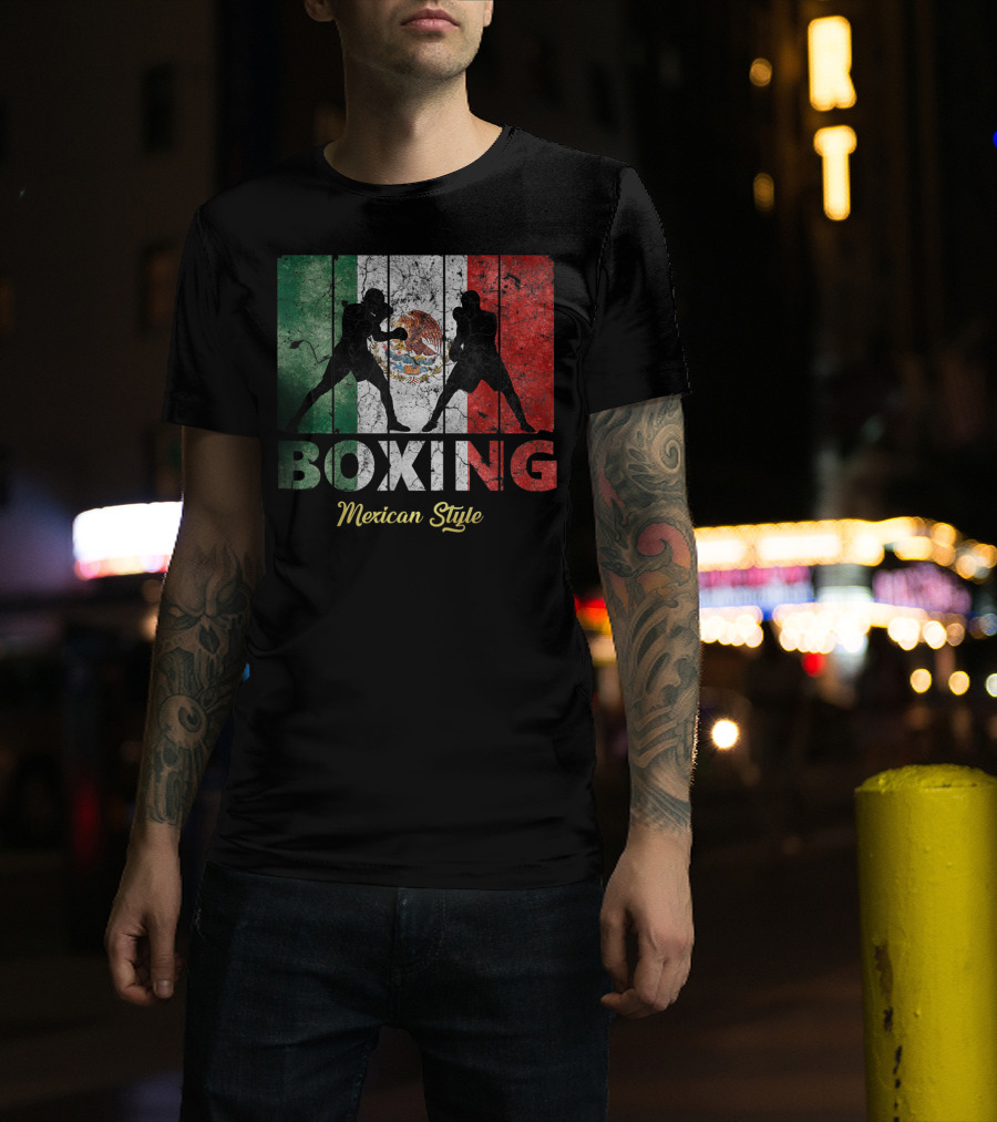 Mexican Vintage Style Boxing With Great Boxing Silhouettes And Flag Background T-Shirt