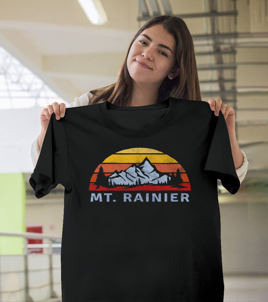 Mt. Rainier Retro Sunset With Mountain And Trees T-Shirt