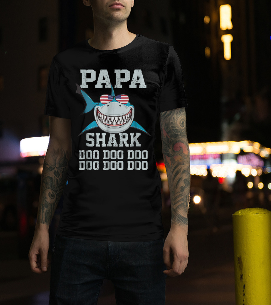 Papa Shark Doo Doo Doo Doo American Flag Sunglasses Fathers T-Shirt