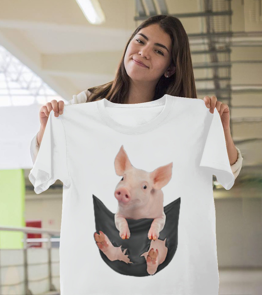 Pig Peeking Out of Pocket Farm Animal T-Shirt