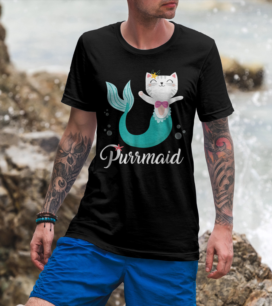 Purrmaid Cat Mermaid For Girls With Star And Bow T-Shirt