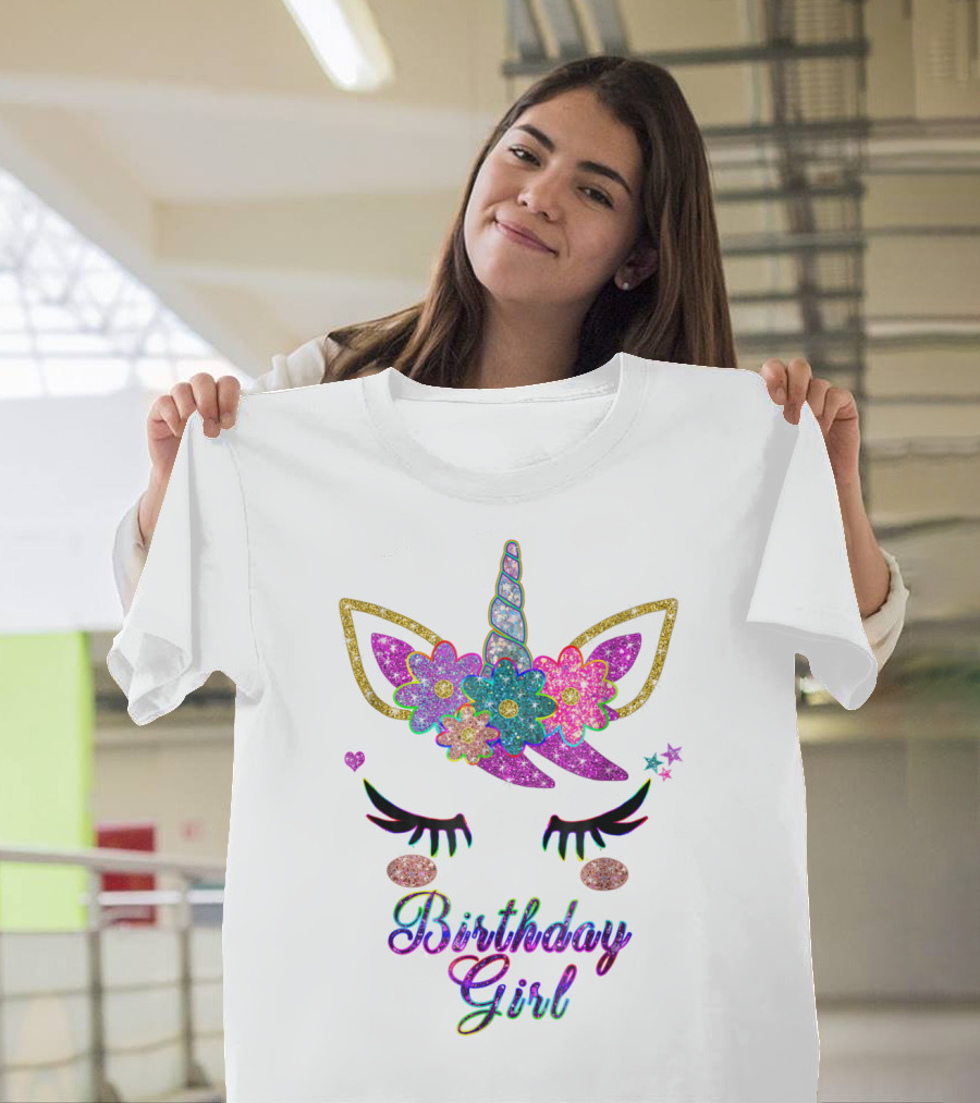 Rainbow Glitter Unicorn Birthday Girl Flowers Stars T-Shirt