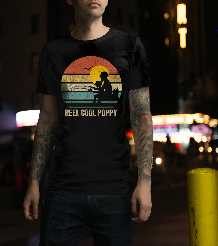 Reel Cool Poppy Vintage Fisherman Father's Retro Style Sun T-Shirt