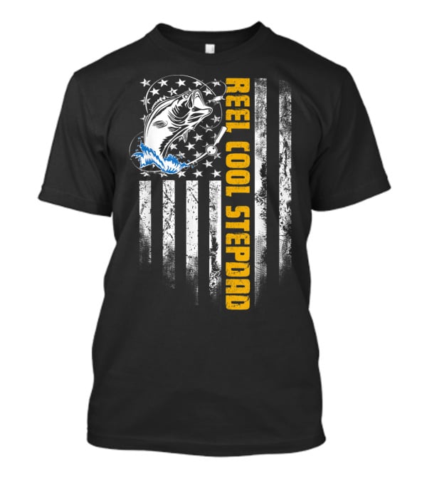 Reel Cool Stepdad USA Flag Fish Fishing Rod Stars Stripes T-Shirt