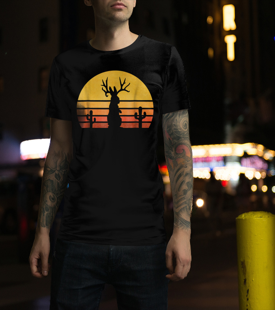 Retro Eighties Sunset Jackalope Silhouette With Cactus Vintage Cryptid T-Shirt