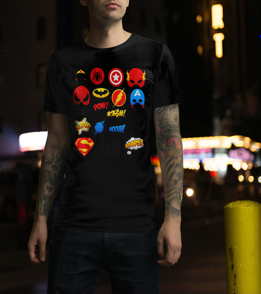 Superheroes Icons Spider Captain Batman Flash Wonder Emoji KABOOM POW OOOOPS Super T-Shirt