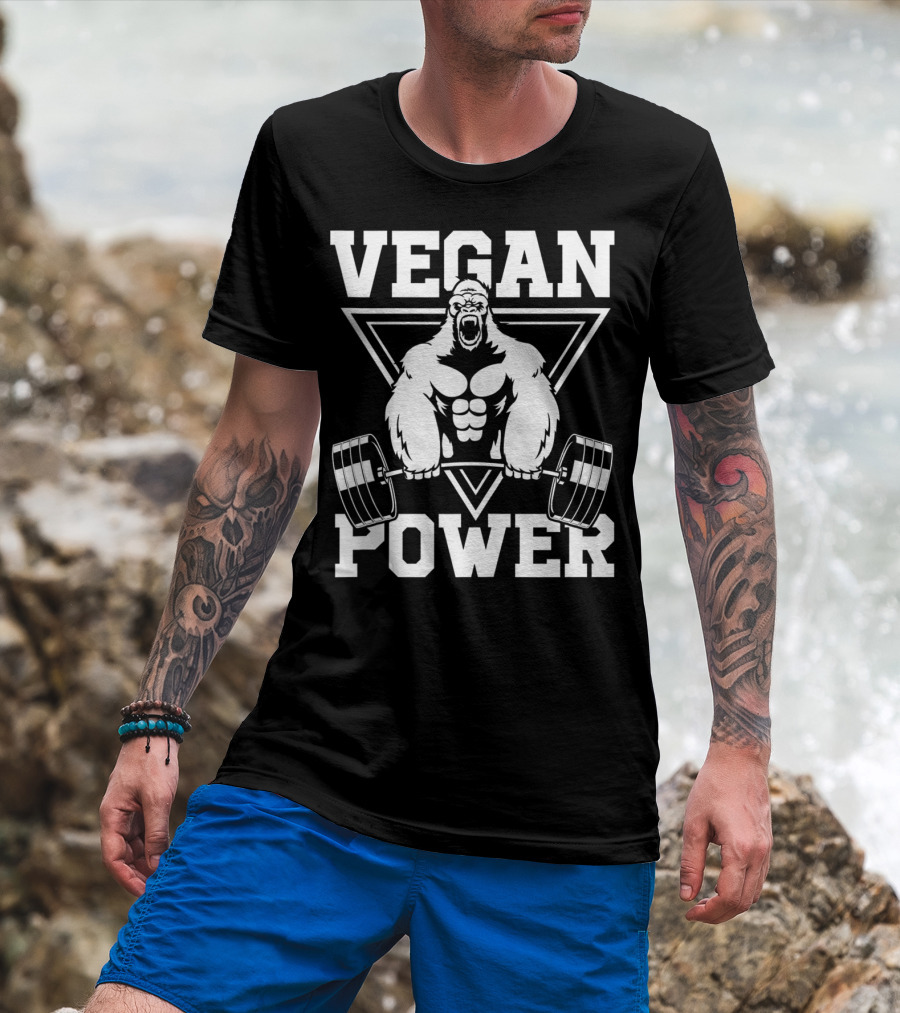 Vegan Power Gorilla Weightlifting Strength Fitness T-Shirt