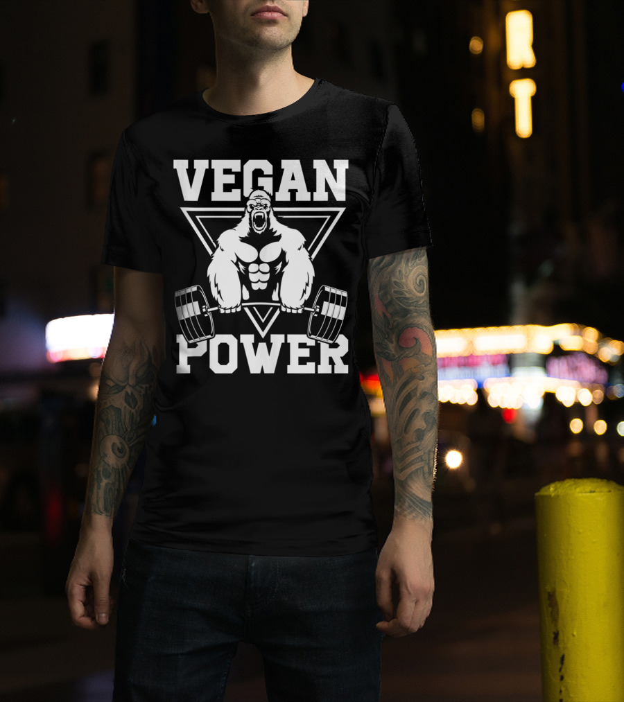 Vegan Power Gorilla Weightlifting Strength Fitness T-Shirt