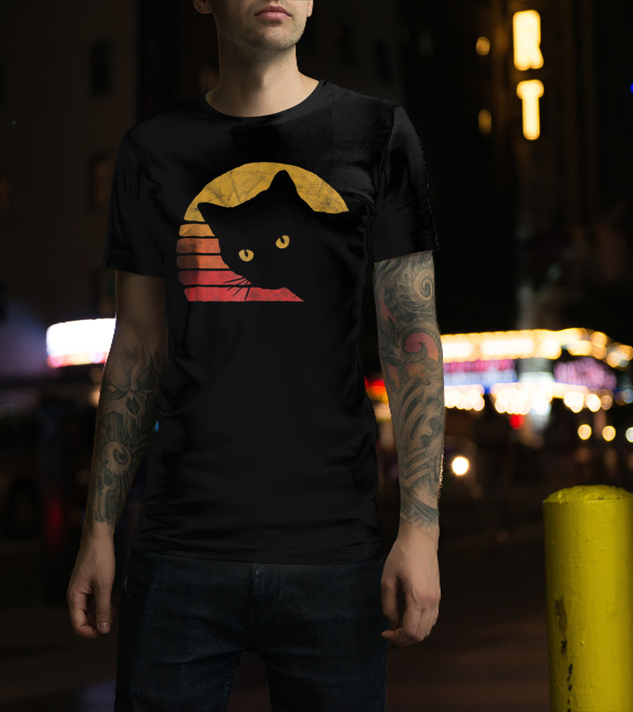 Vintage Eighties Style Cat Distressed Silhouette Retro Sunset T-Shirt