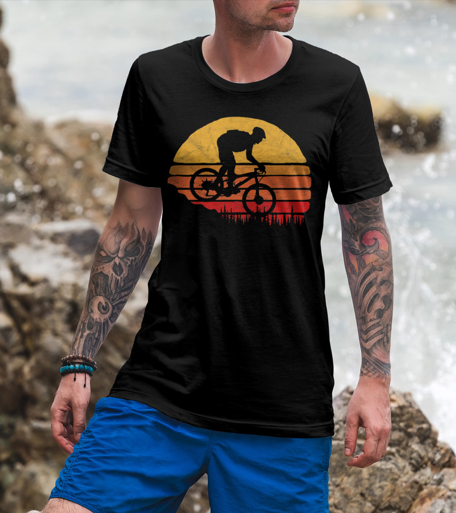 Vintage Mountain Biking Sunset Silhouette Forest Trail T-Shirt