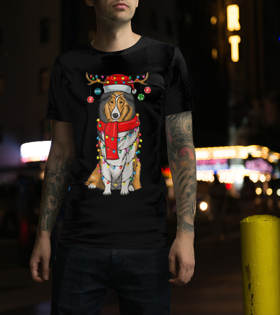 Christmas Cute Collie Dog Wrapped In Holiday Lights With Santa Hat And Antlers T-Shirt