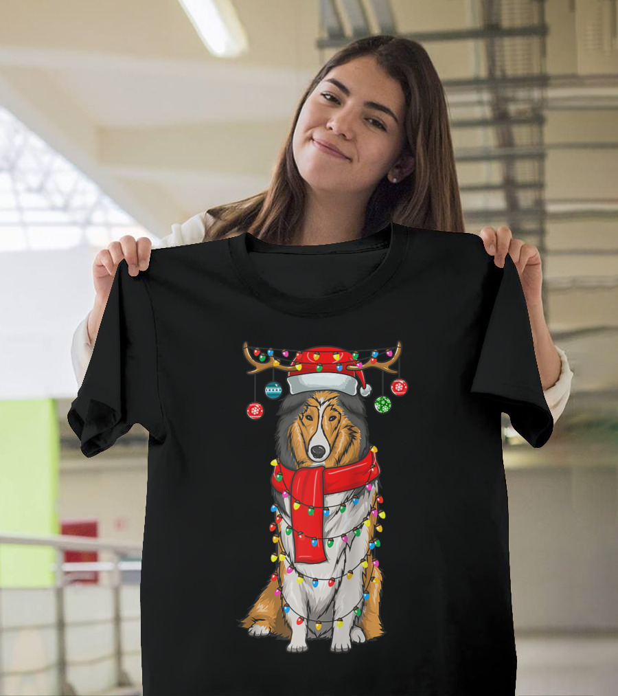 Christmas Cute Collie Dog Wrapped in Holiday Lights with Santa Hat and Antlers T-Shirt