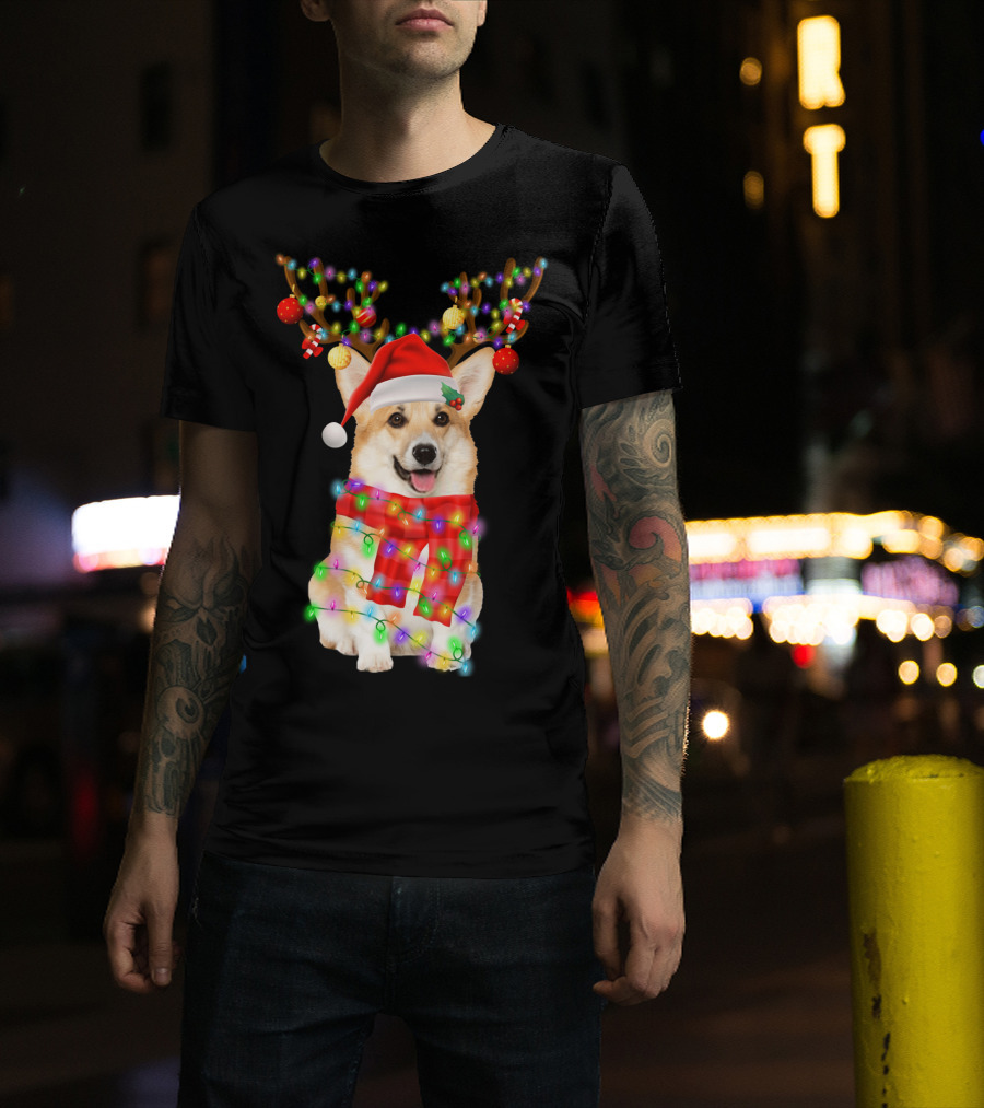 Funny Christmas Corgi Reindeer With Santa Hat And Festive Lights T-Shirt