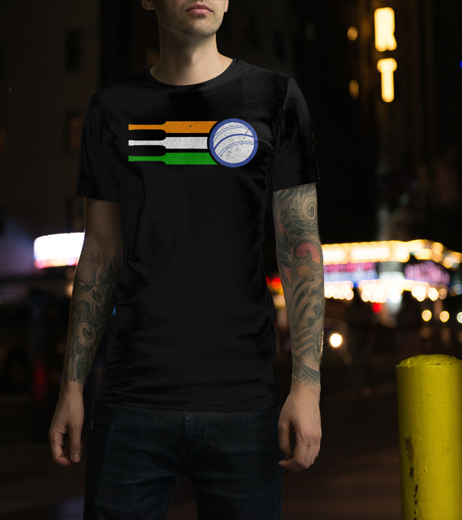 India Cricket Team Fan Flag With Cricket Ball And Tricolor T-Shirt