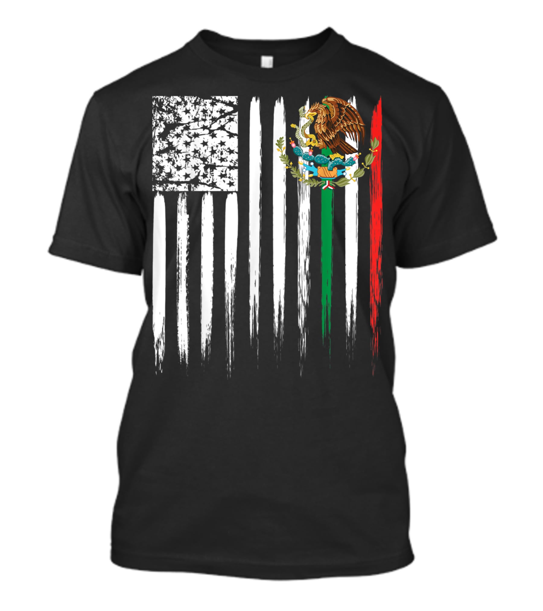 Mexican American Flag With Eagle And Serpent Symbol On Distressed Stripes T-Shirt